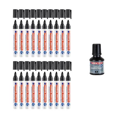 Edding 360 XL Beyaz Yazı Tahtası Kalemi, Yuvarlak  Uç, 1.5-3 mm, 20 Adet Kalem, 1 Adet Mürekkep, Siya