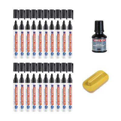 Edding 360 XL Beyaz Yazı Tahtası Kalemi, Yuvarlak  Uç, 1.5-3 mm, 20 Adet Kalem, 1 Adet Mürekkep, Siya