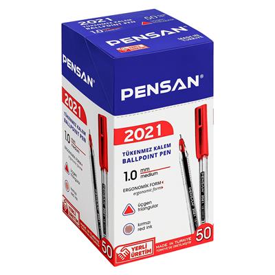 Pensan 2021 Şeffaf Üçgen Gövdeli Tükenmez Kalem  Kırmızı
