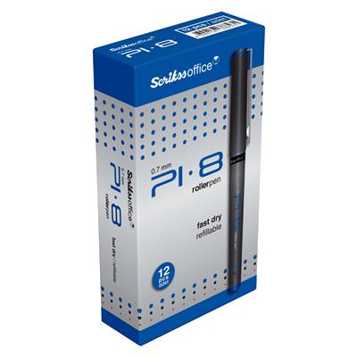 Scrikss PI-8 Roller Kalem Plastik Gövde Krom  Kaplama Paslanmaz Çelik Klips Değiştirilebilir Roller Refil 0.7 mm Uç 12li Kutu Mavi
