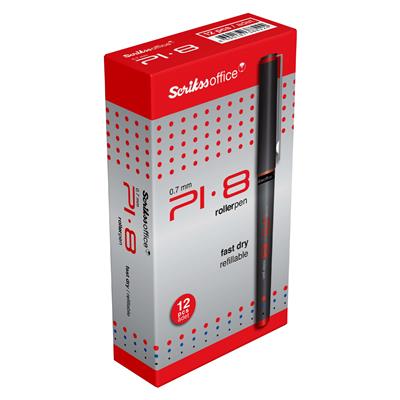 Scrikss PI-8 Roller Kalem Plastik Gövde Krom  Kaplama Paslanmaz Çelik Klips Değiştirilebilir Roller Refil 0.7 mm Uç 12li Kutu Kırmızı