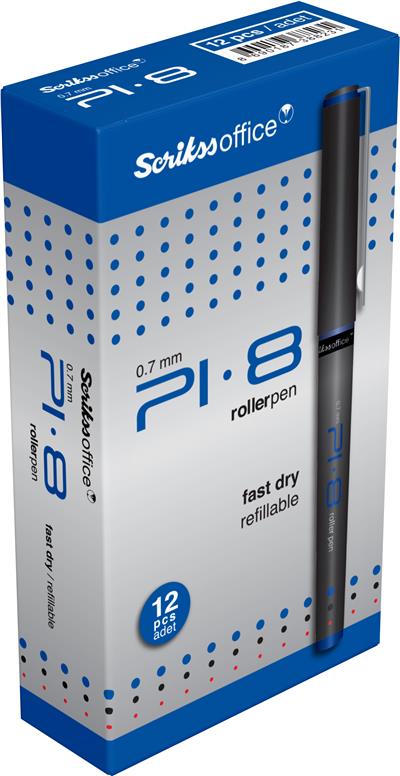 Scrikss PI-8 Roller Kalem Plastik Gövde Krom  Kaplama Paslanmaz Çelik Klips Değiştirilebilir Roller Refil 0.7 mm Uç 12li Kutu Mavi