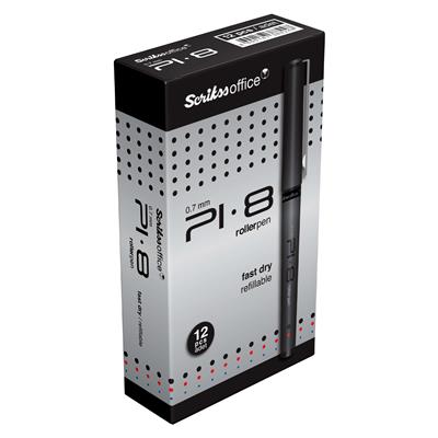 Scrikss PI-8 Roller Kalem Plastik Gövde Krom  Kaplama Paslanmaz Çelik Klips Değiştirilebilir Roller Refil 0.7 mm Uç 12li Kutu Siyah