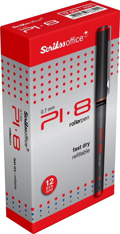 Scrikss PI-8 Roller Kalem Plastik Gövde Krom  Kaplama Paslanmaz Çelik Klips Değiştirilebilir Roller Refil 0.7 mm Uç 12li Kutu Kırmızı