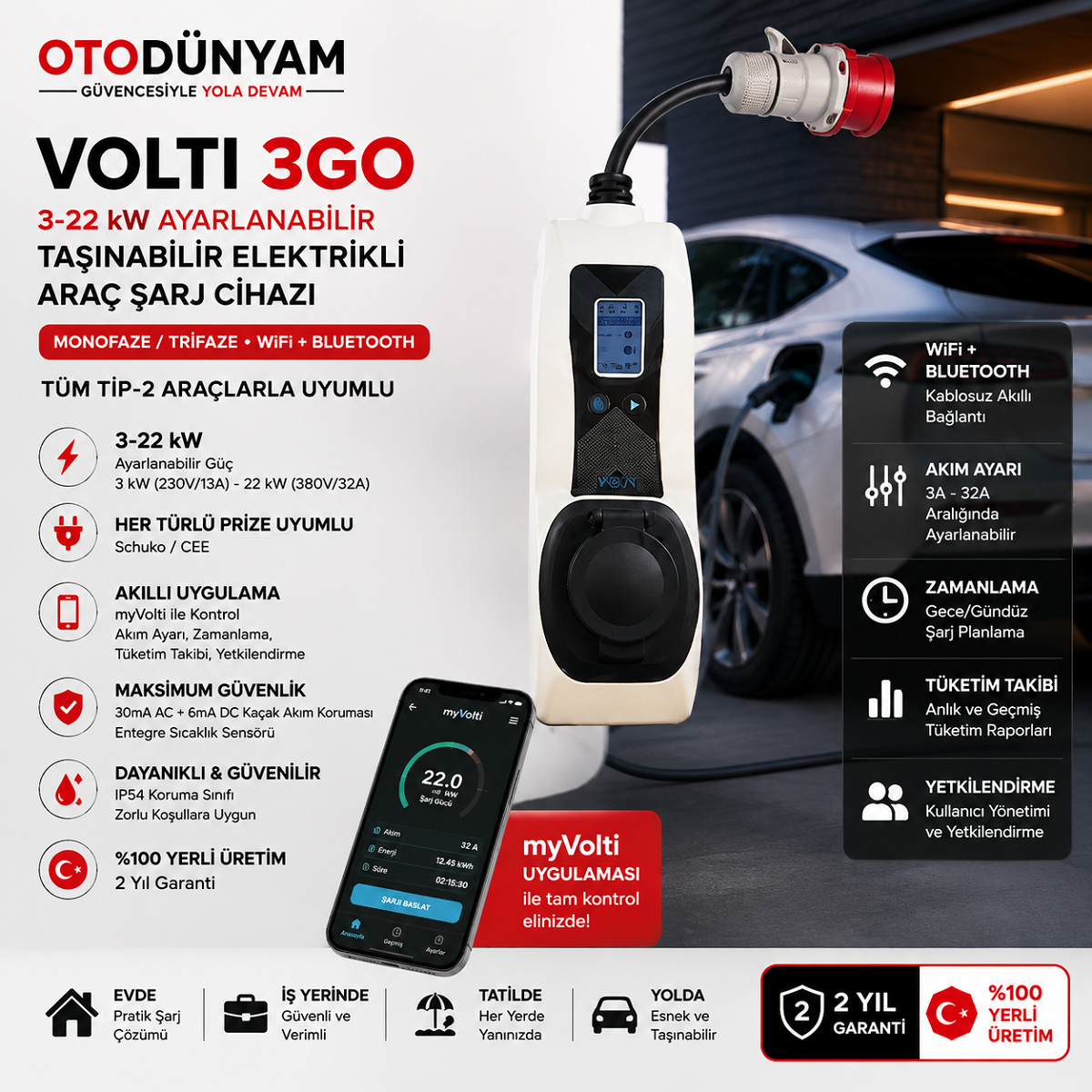 VOLTİ 3GO 22 KW TAŞINABİLİR MOBİL ŞARJ