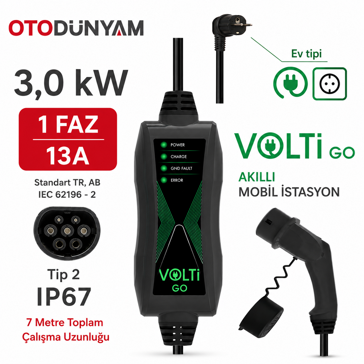 VOLTİ GO 3 KW TAŞINABİLİR MOBİL ŞARJ