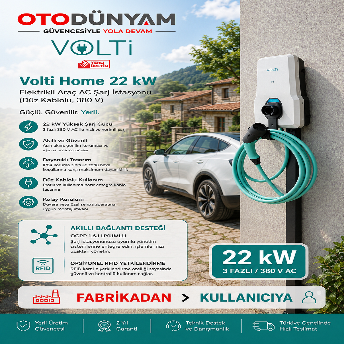 Volti Home 22 kW Elektrikli Araç AC Şarj İstasyonu (Düz Kablolu, 380 V)