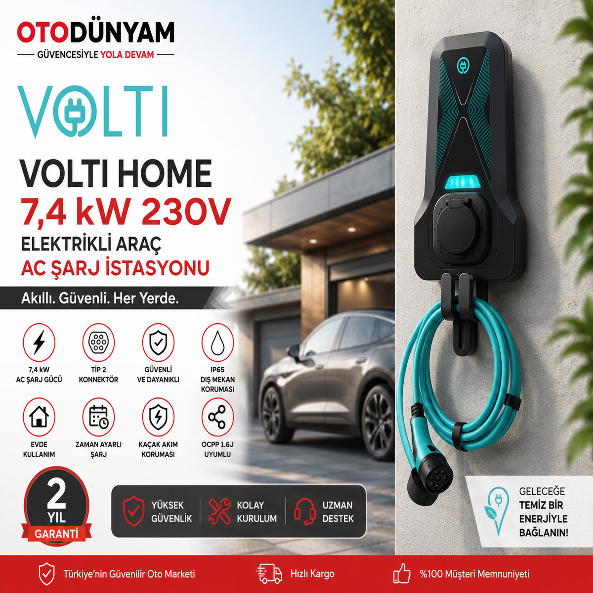 Volti Home 7,4 kW 230V Elektrikli Araç AC Şarj İstasyonu