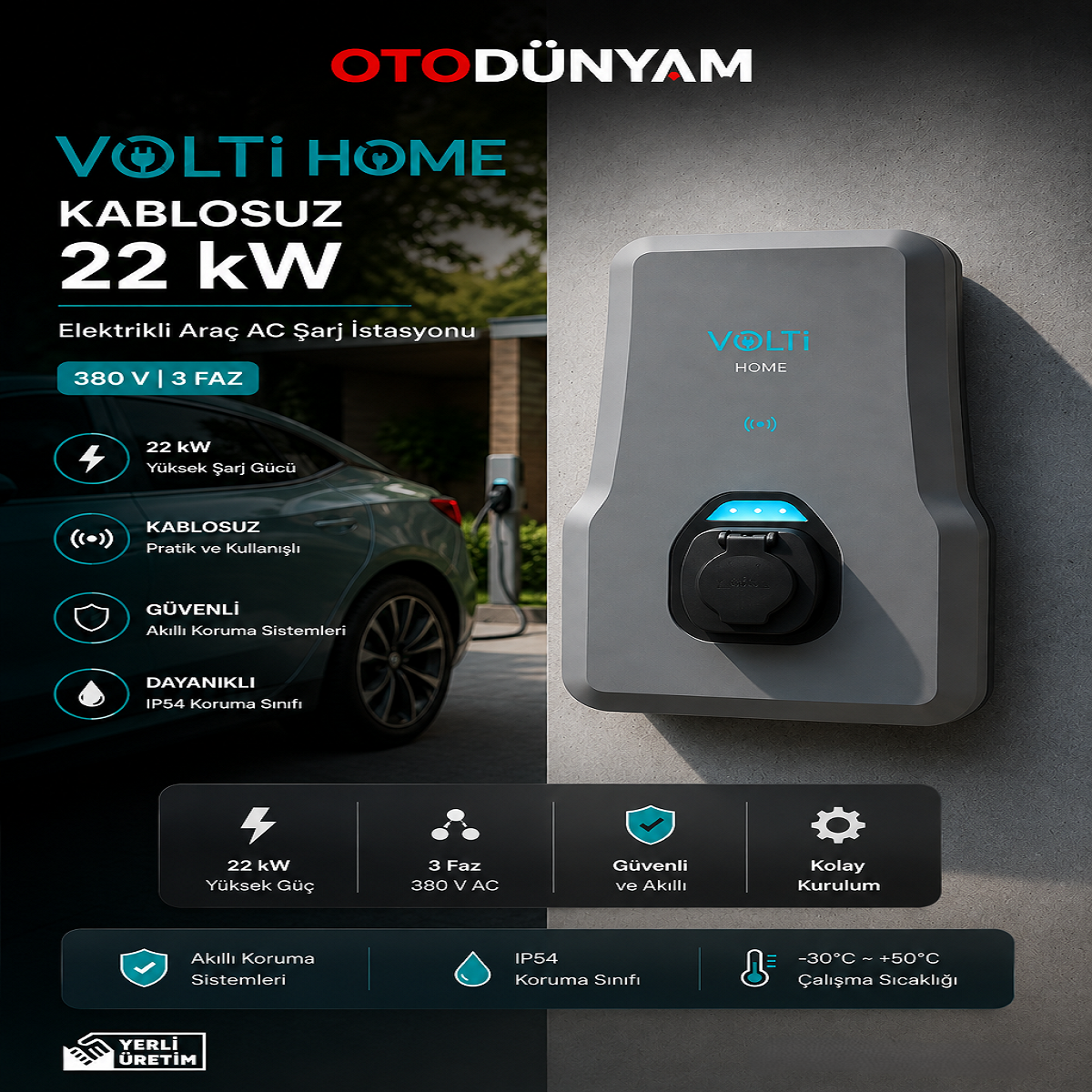 Volti Home Kablosuz 22 kW 380 V Elektrikli Araç AC Şarj Istasyonu