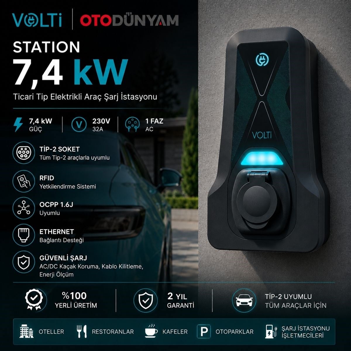Volti Station 7,4 kW Elektrikli Araba Ticari Şarj İstasyonu