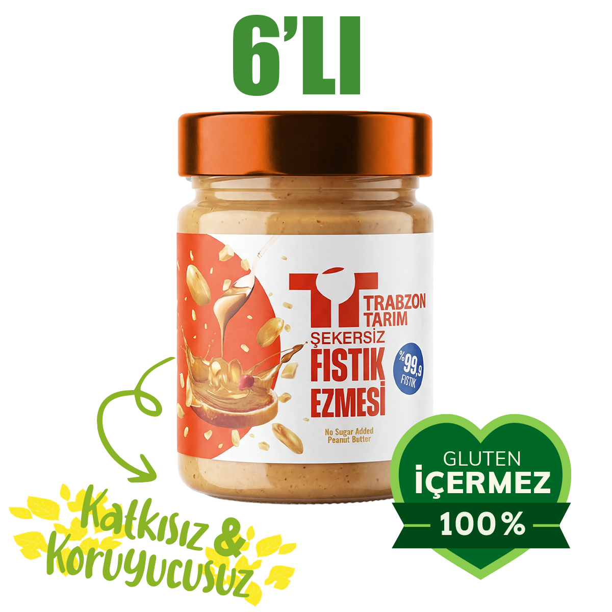 Trabzon Tarım Şekersiz %99.9 Fıstık Ezmesi (Parçacıklı) 300g x 6 Adet