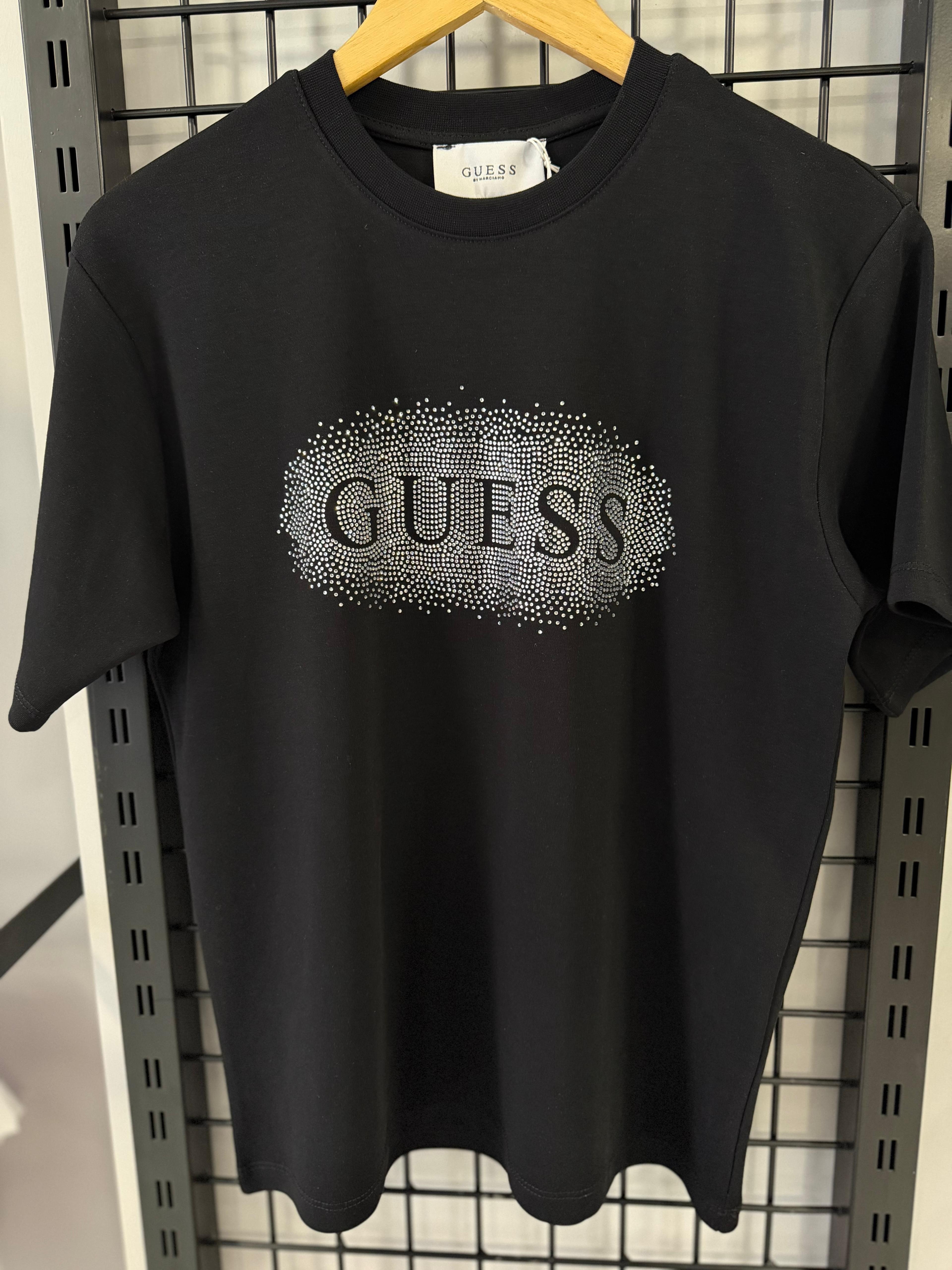 Gue Yazı Taş Detaylı Siyah Tshirt
