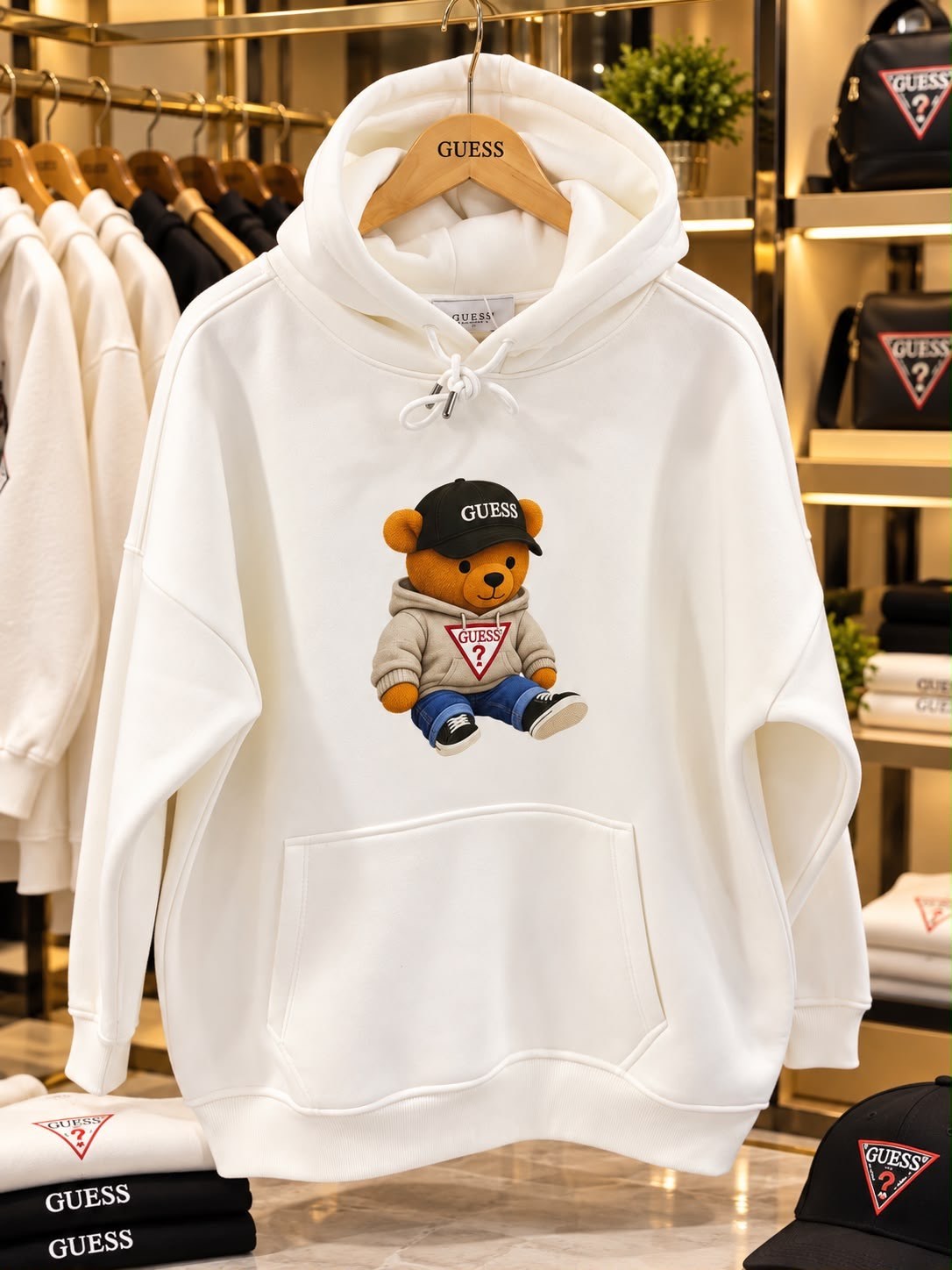Teddy Bear Baskılı Kapüşonlu Sweatshirt Beyaz