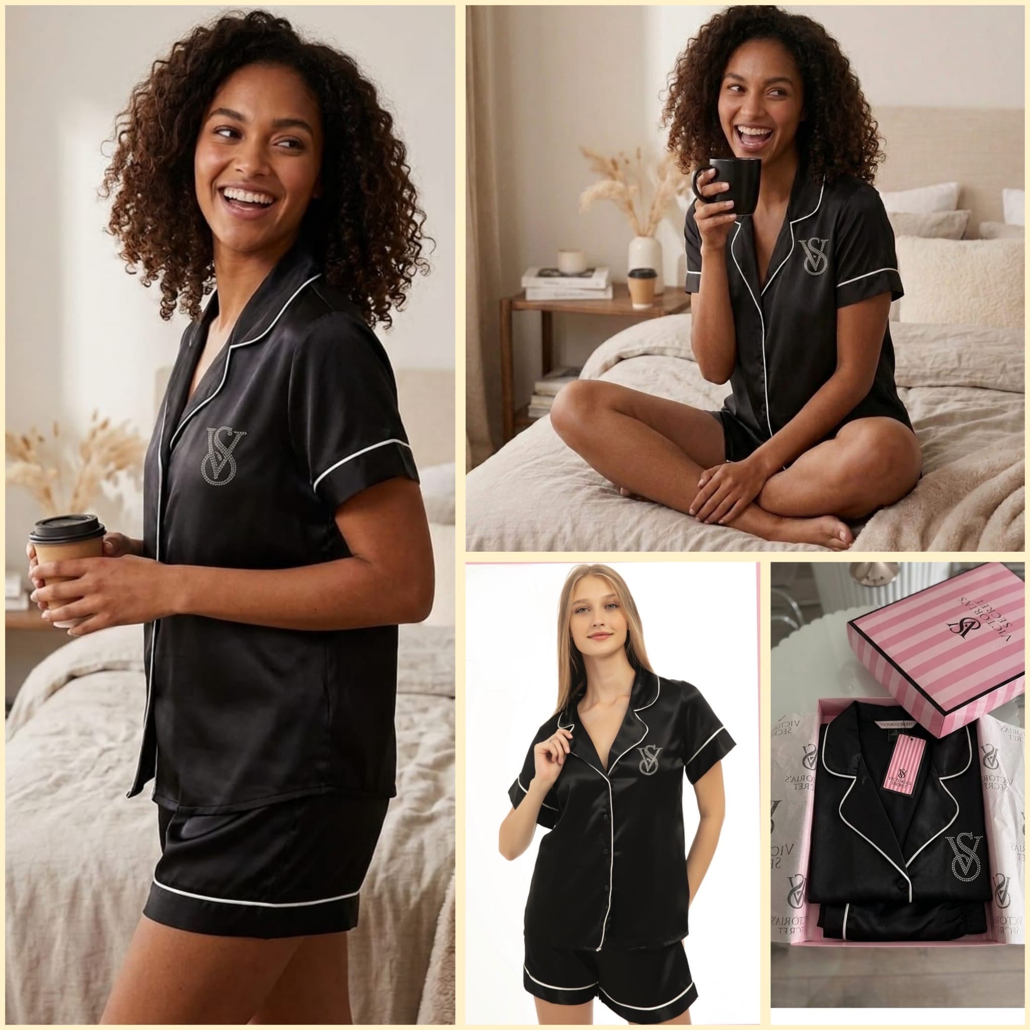 VS Siyah Saten Şort Gömlek Pijama Takımı