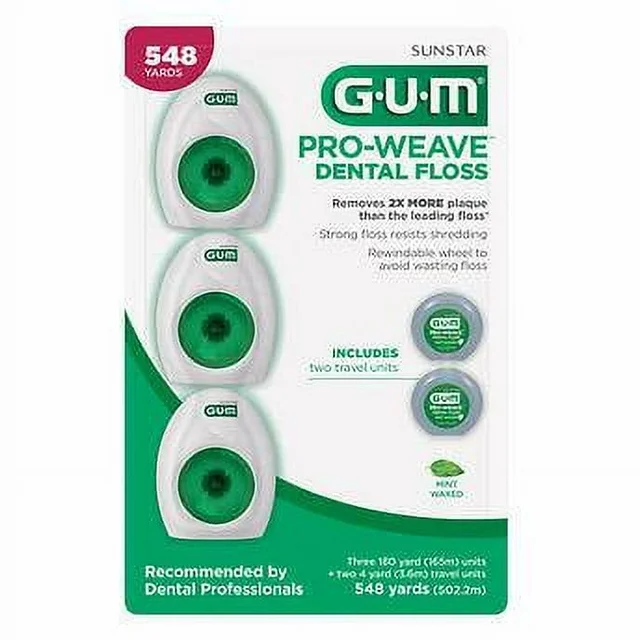 GUM Pro-Weave Dokuma Diş İpi, Parçalamaya Dayanıklı  Diş İpi, Nane Aromalı, 3 Numara + 2 Seyahat Ünitesi