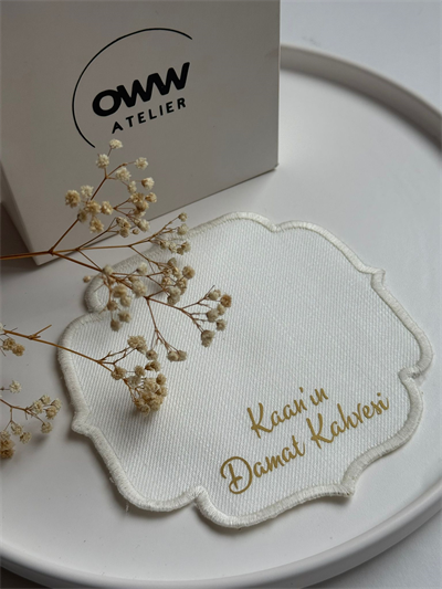İsimli Damat Fincanı Mendili (Beyaz Kenarlı-Gold Baskı)