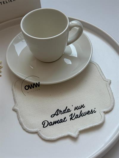 İsimli Damat Fincanı Mendili (Beyaz Kenarlı)