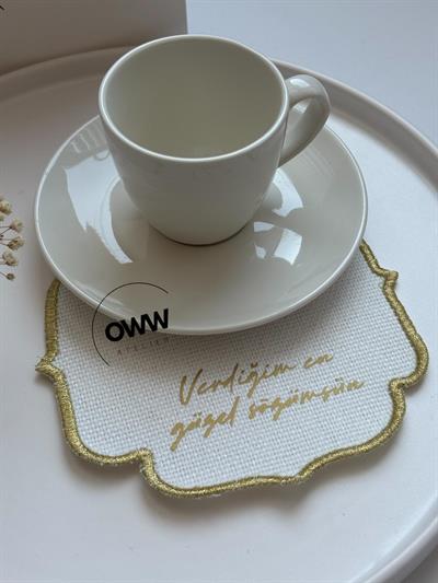 İsimli Damat Fincanı Mendili (Gold Kenarlı)