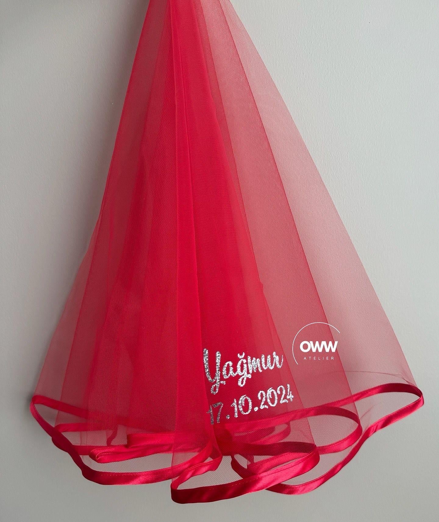 İsimli Gelin Duvak (İsimli-Tarihli) Kırmızı