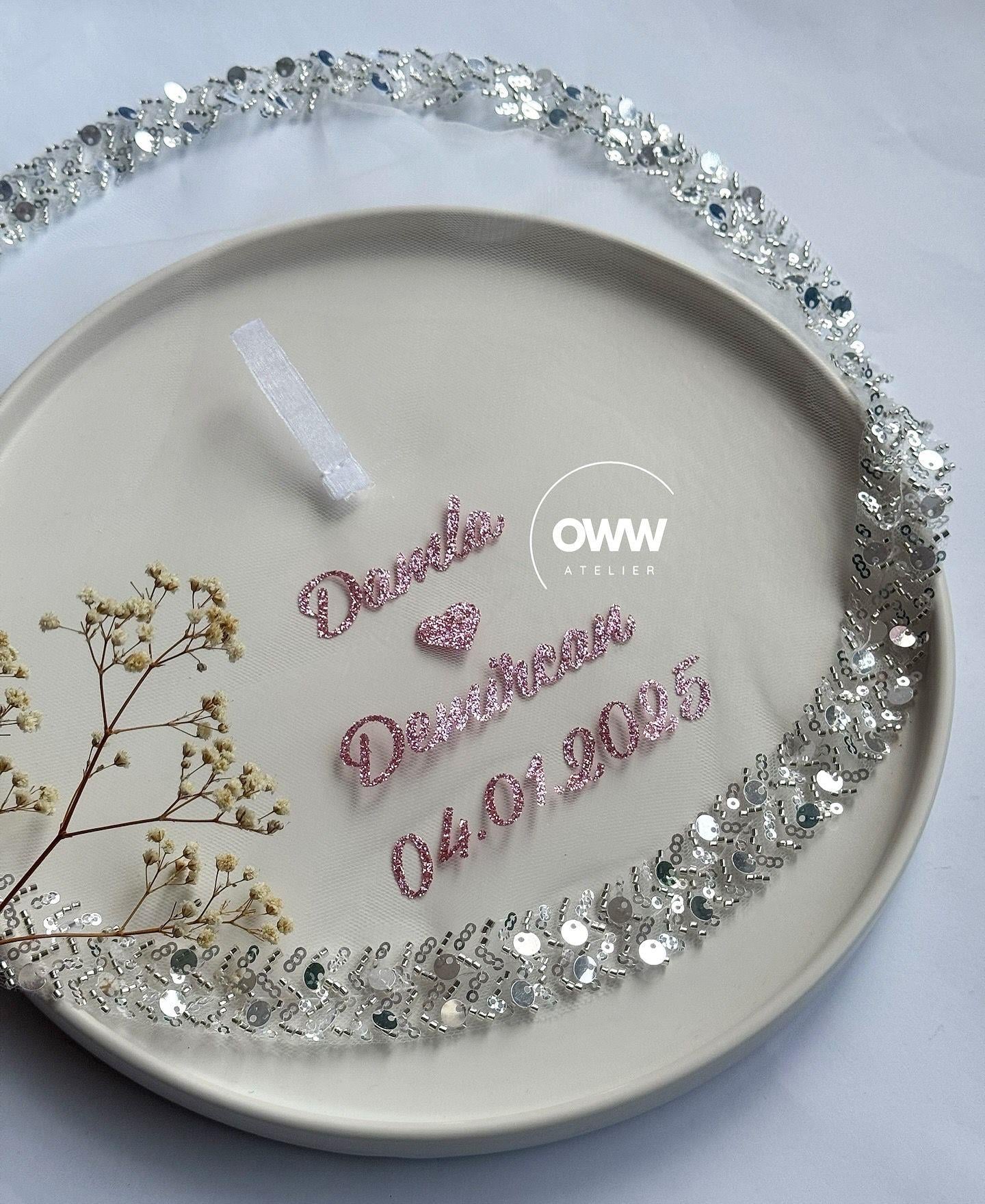 İsimli Mendil Boncuklu Simli Pembe Baskı 