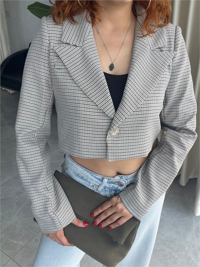 Ekose Tek Düğmeli Crop Blazer Ceket