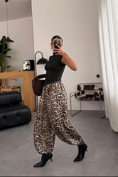 Premium Beli Lastikli Leopar Desenli Saten Şalvar Pantolon