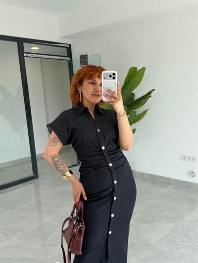 Premium Denim Gold Düğme Detaylı Kısa Kollu Kot Maxi Elbise