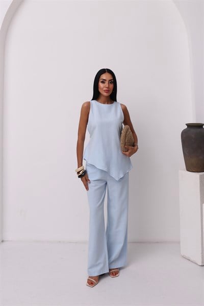 Premium Keten Arkadan Bağlamalı Asimetrik Bluz-Pantolon 2 Li Takım 