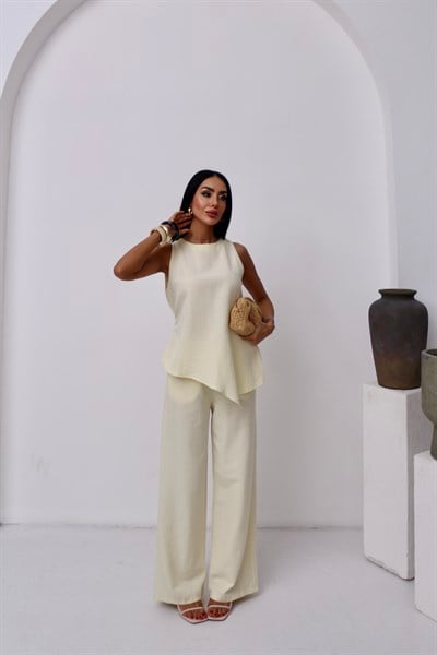 Premium Keten Arkadan Bağlamalı Asimetrik Bluz-Pantolon 2 Li Takım 
