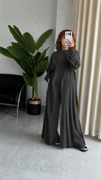 Premium Modal Yırtmaçlı Uzun Tunik -Beli Lastikli Pantolon 2'Li Takım