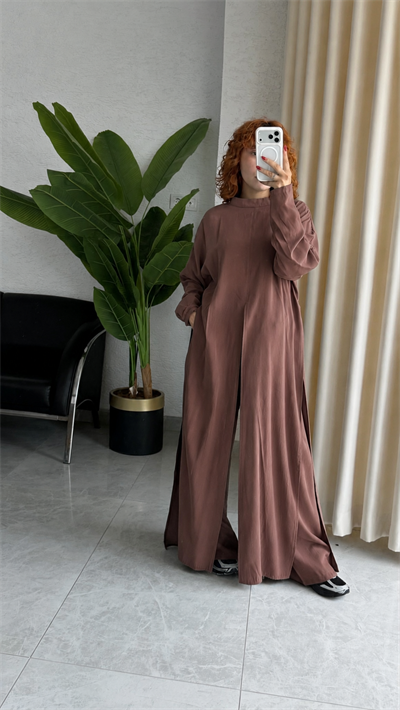 Premium Modal Yırtmaçlı Uzun Tunik -Beli Lastikli Pantolon 2'Li Takım