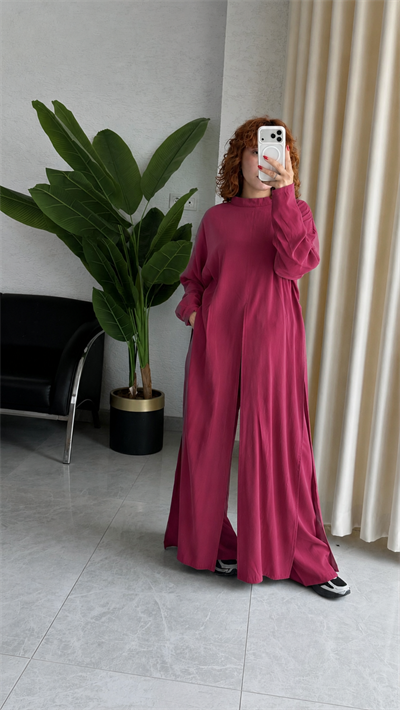 Premium Modal Yırtmaçlı Uzun Tunik -Beli Lastikli Pantolon 2'Li Takım