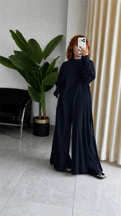 Premium Modal Yırtmaçlı Uzun Tunik -Beli Lastikli Pantolon 2'Li Takım