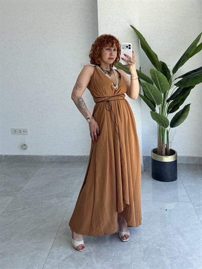 Premium Trend Hasır İp Bağlamalı Helenistik Sırt Göğüs Dekolteli Uzun Elbise