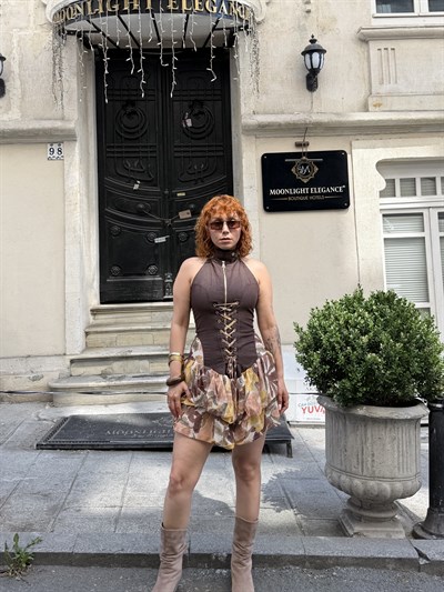 Premium Trend Tasarım Fırfırlı Desenli Mini Elbise