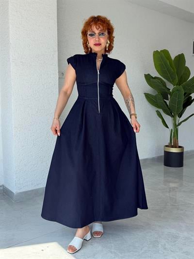 Premium Trend Vatkalı Fermuar Detaylı Denim Kot Elbise