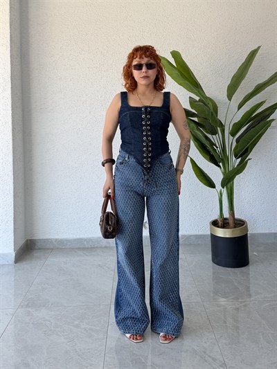 Premium Trend Wide Leg Parlak Taş Baskılı Denim Pantolon 