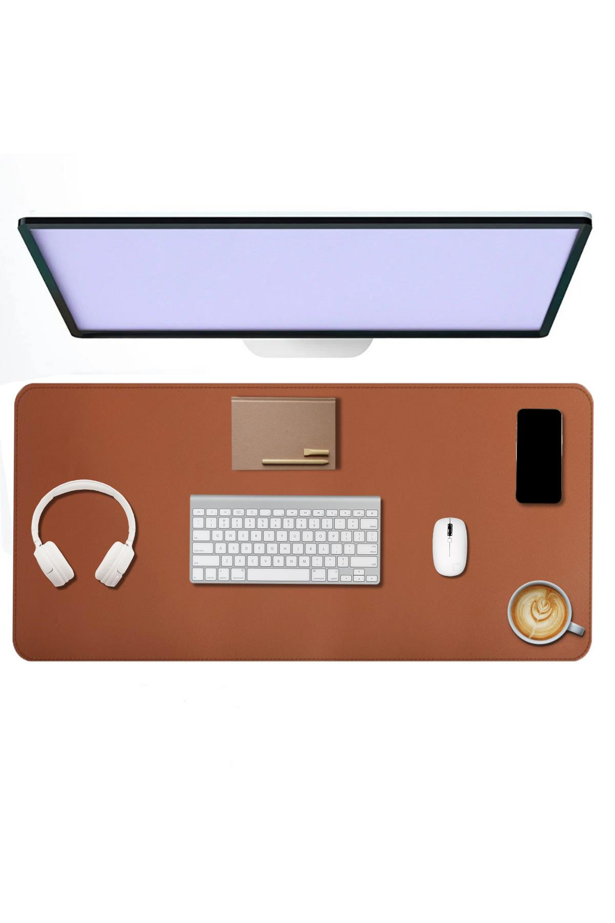 Kahverengi Deri Mouse Pad Dikişli Kenar  Çift Yönlü Kullanım Masa Matı Sümen 90x40 XL 