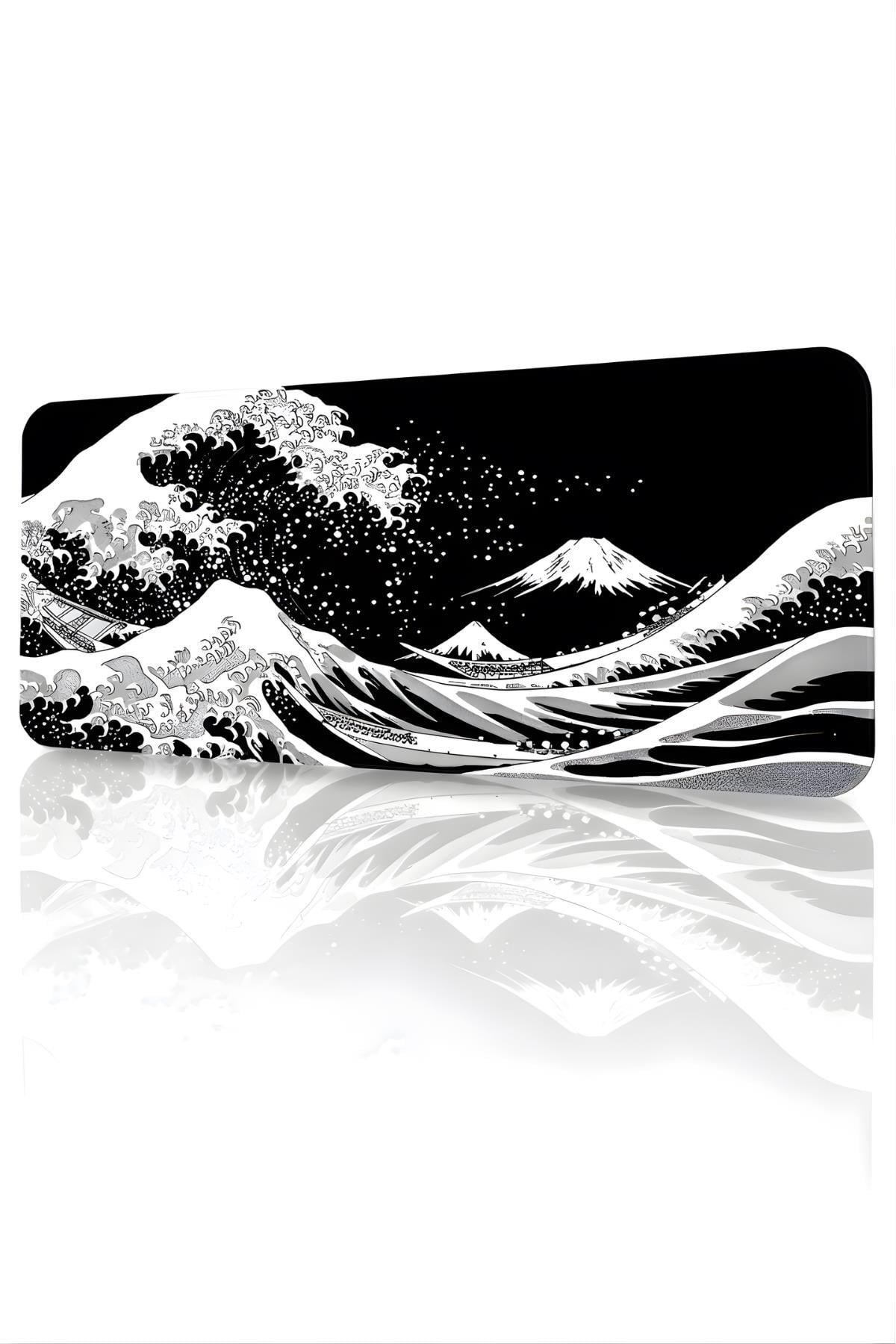 Premium Büyük Boy Dikişli Kenar 90x40 cm Dijital Oyuncu Gaming Mouse Pad Siyah Japon Dalgası
