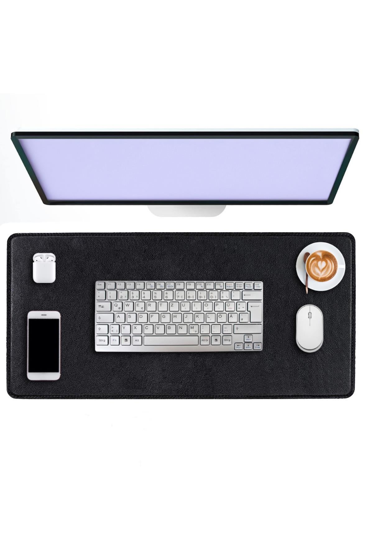 Siyah Deri Mouse Pad Dikişli Kenar  Çift Yönlü Kullanım Masa Matı Sümen 70x30 L 