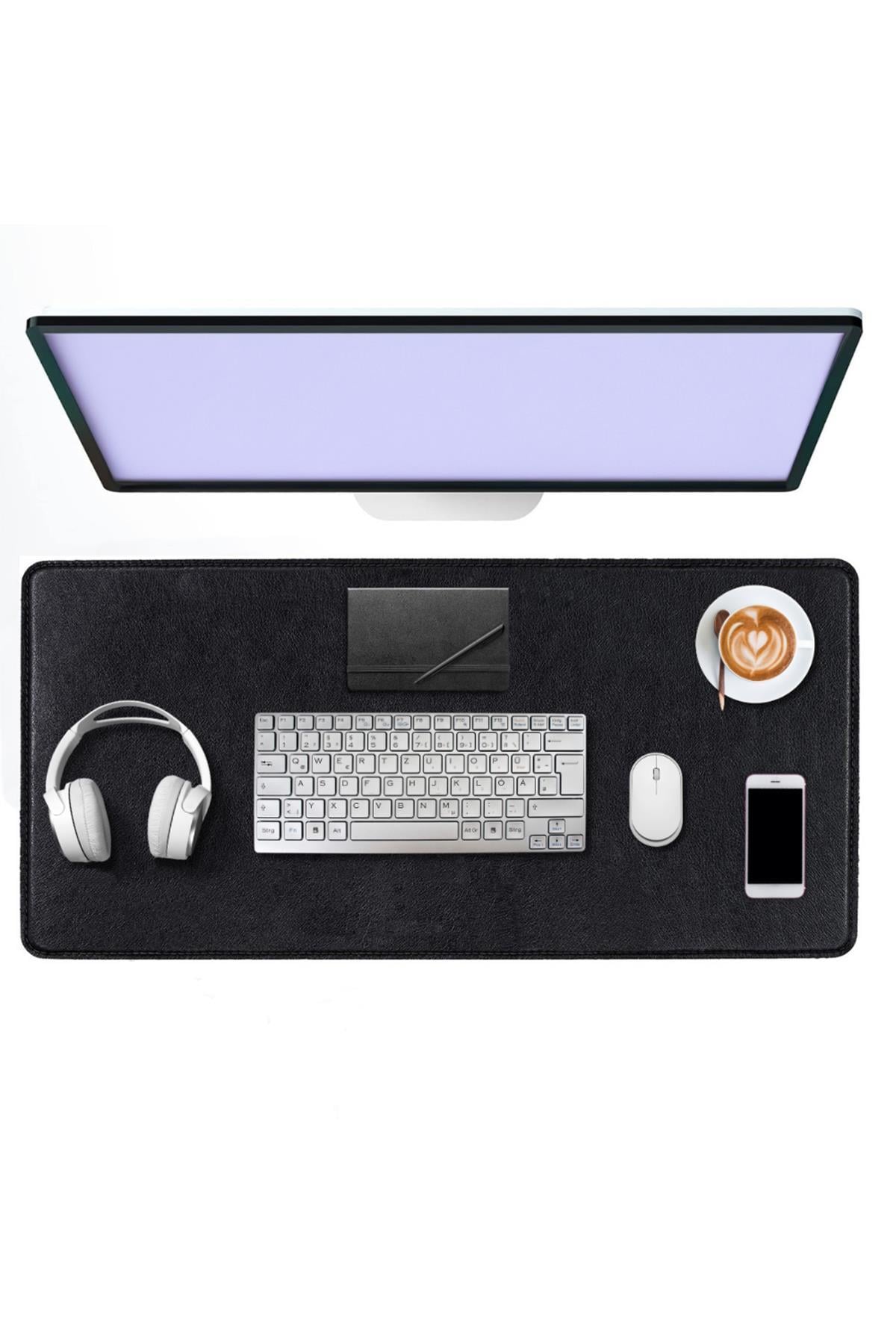 Siyah Deri Mouse Pad Dikişli Kenar  Çift Yönlü Kullanım Masa Matı Sümen 90x40 XL 