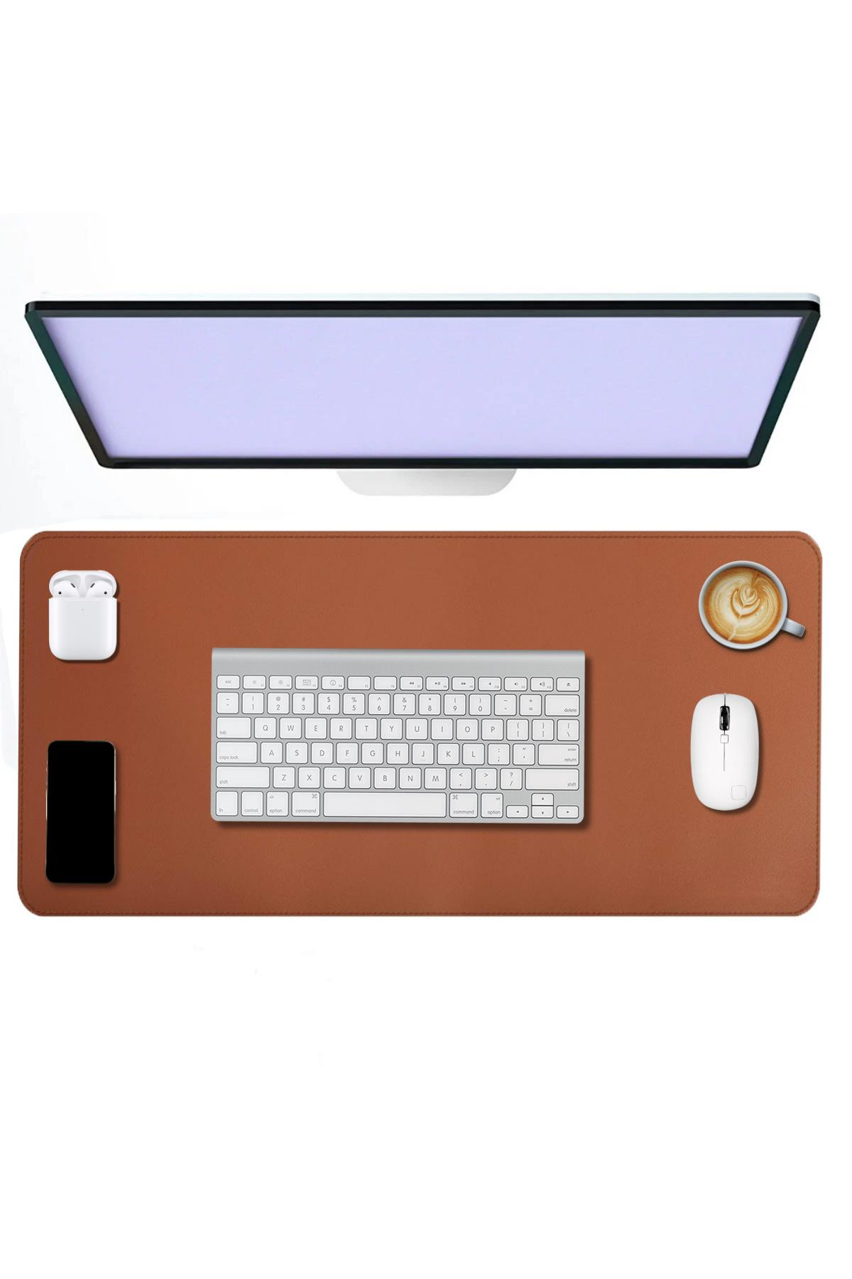 Kahverengi Deri Mouse Pad Dikişli Kenar  Çift Yönlü Masa Matı Sümen 70x30 L 