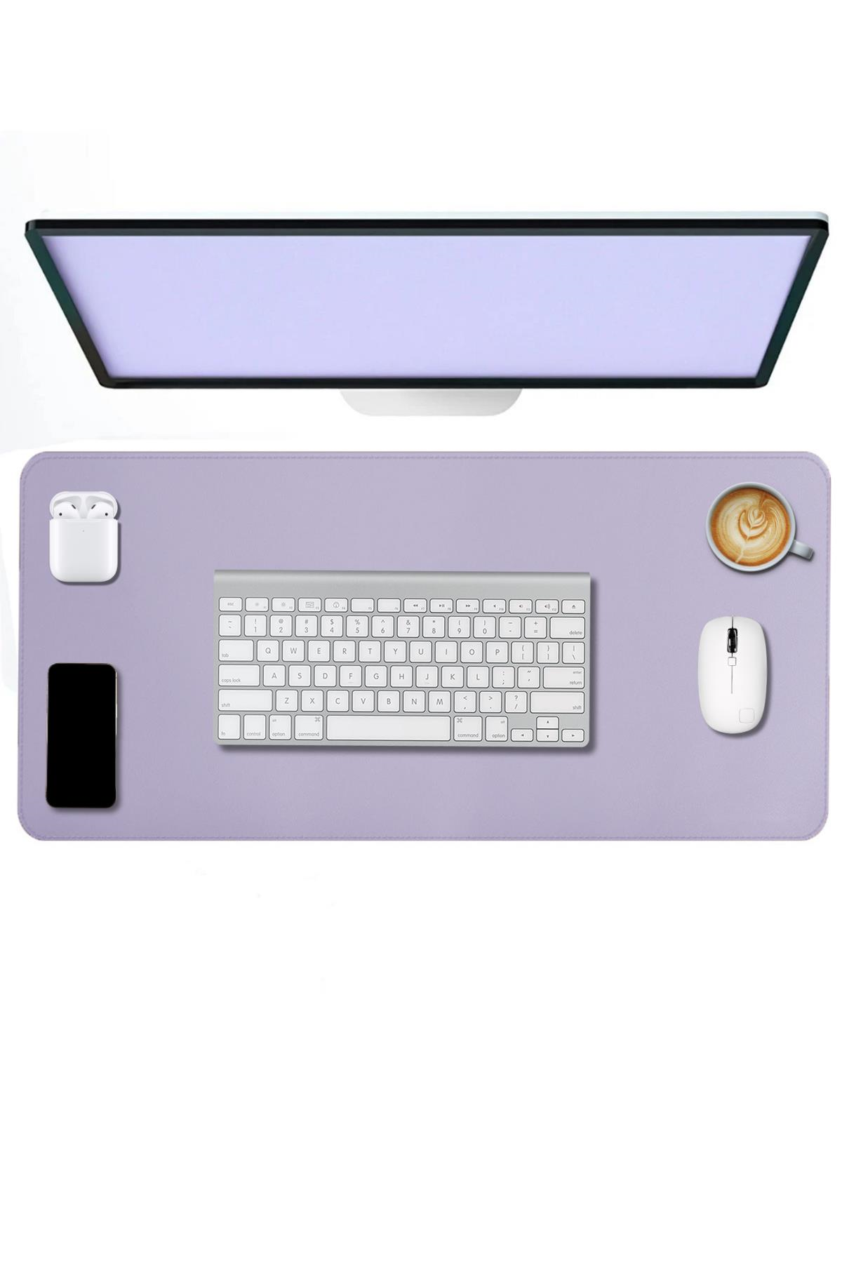 Lila Deri Mouse Pad Dikişli Kenar  Çift Yönlü Kullanım Masa Matı Sümen 70x30 L 