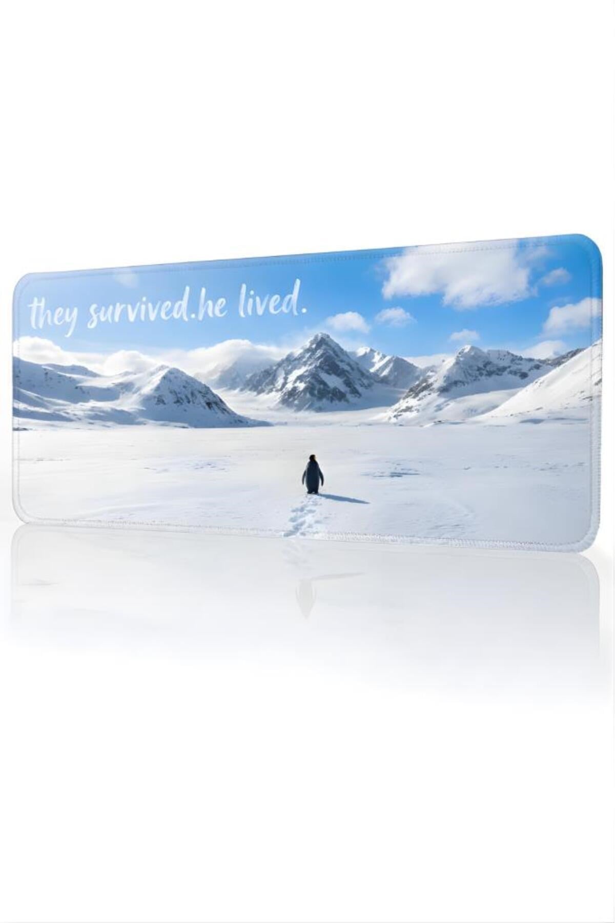 Penguen Temalı 70x30 cm Mouse Pad, Dikişli Kenar, Kaymaz, Ultra Geniş Mousepad Beyaz