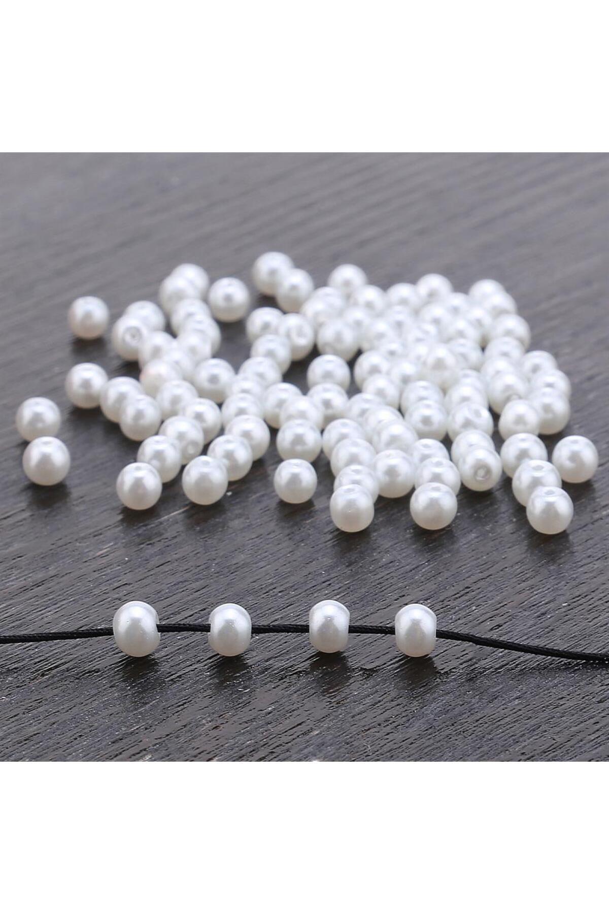 Eymen Hobi 25 gram - 4 Mm BEYAZ Renk DELİKLİ İnci Boncuk, Plastik İnci Boncuk Takı Malzemeleri (500-600 adet)