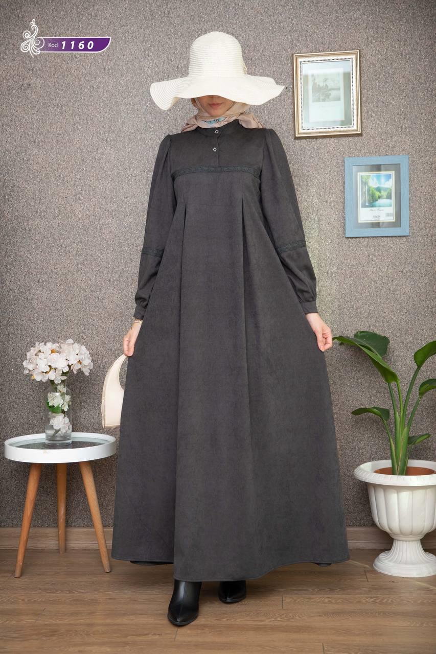 1569 Güpür Detaylı Elbise - Füme 