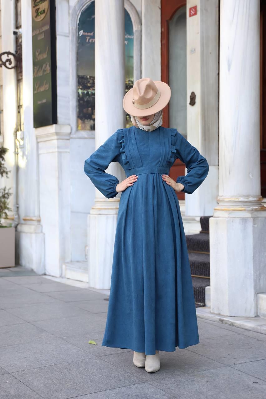 1581 Fermuar Detaylı Elbise - Petrol 