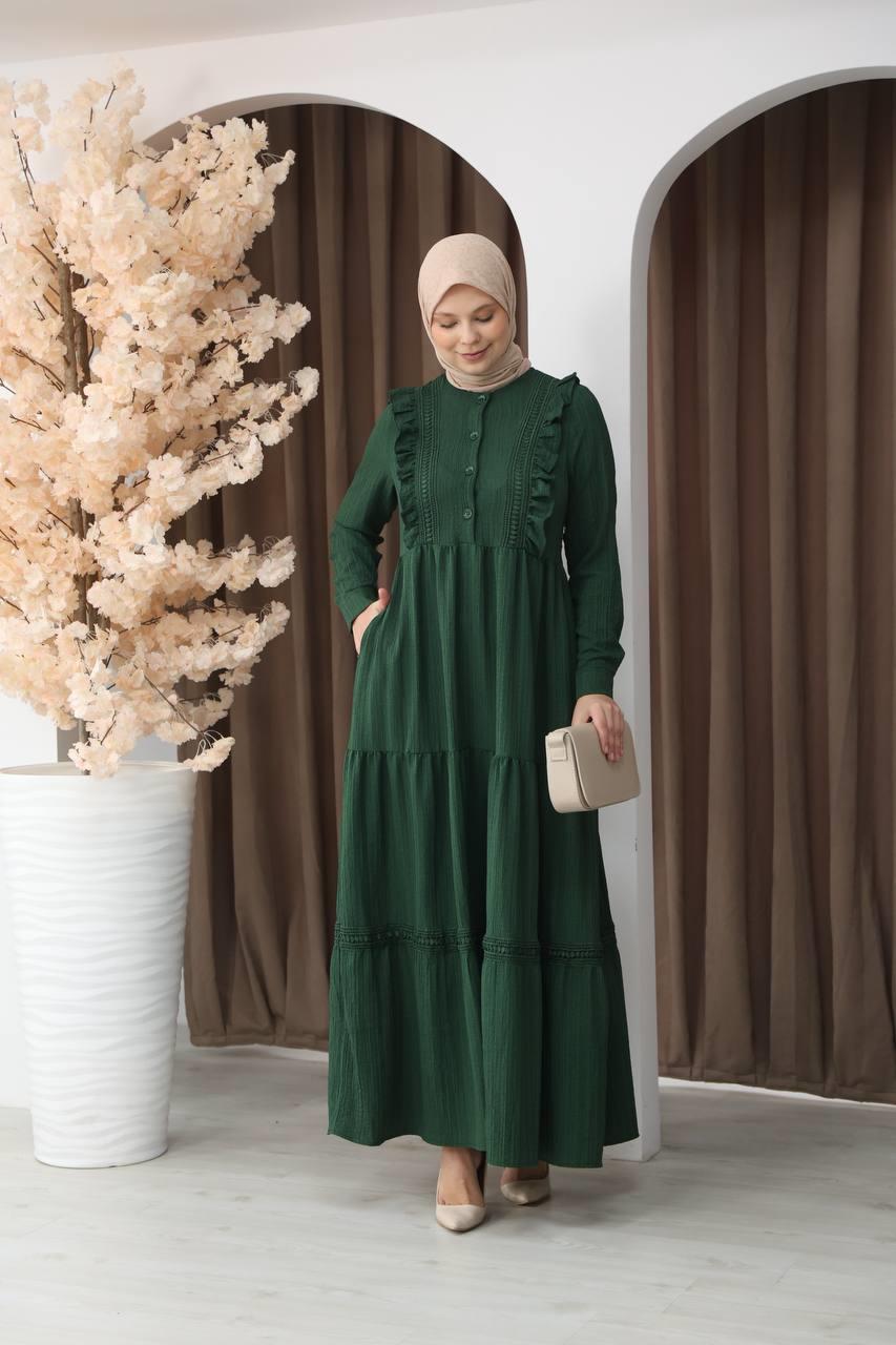 3033 Dantel Detaylı Fırfırlı Elbise- Çimen Yeşili