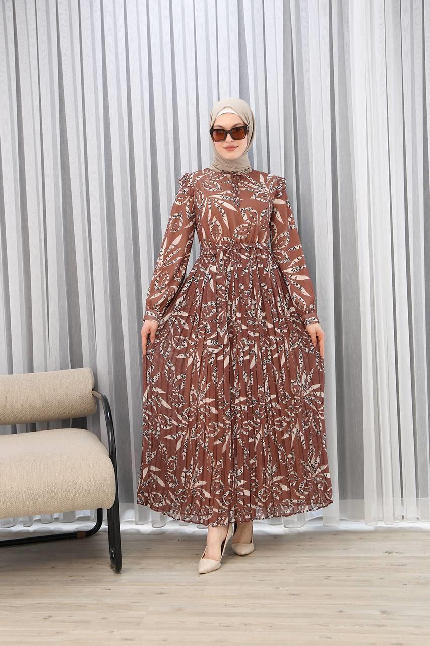 3060 Bilise Şifon Elbise - Kahverengi