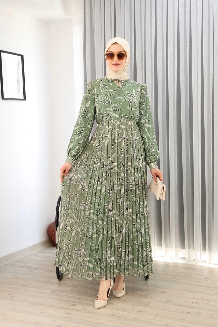 3060 Bilise Şifon Elbise - Yeşil